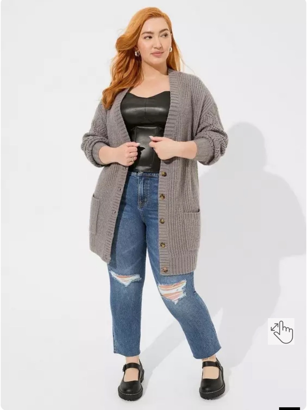 Gray Cozy Open-Front Button Cardigan Sweater
